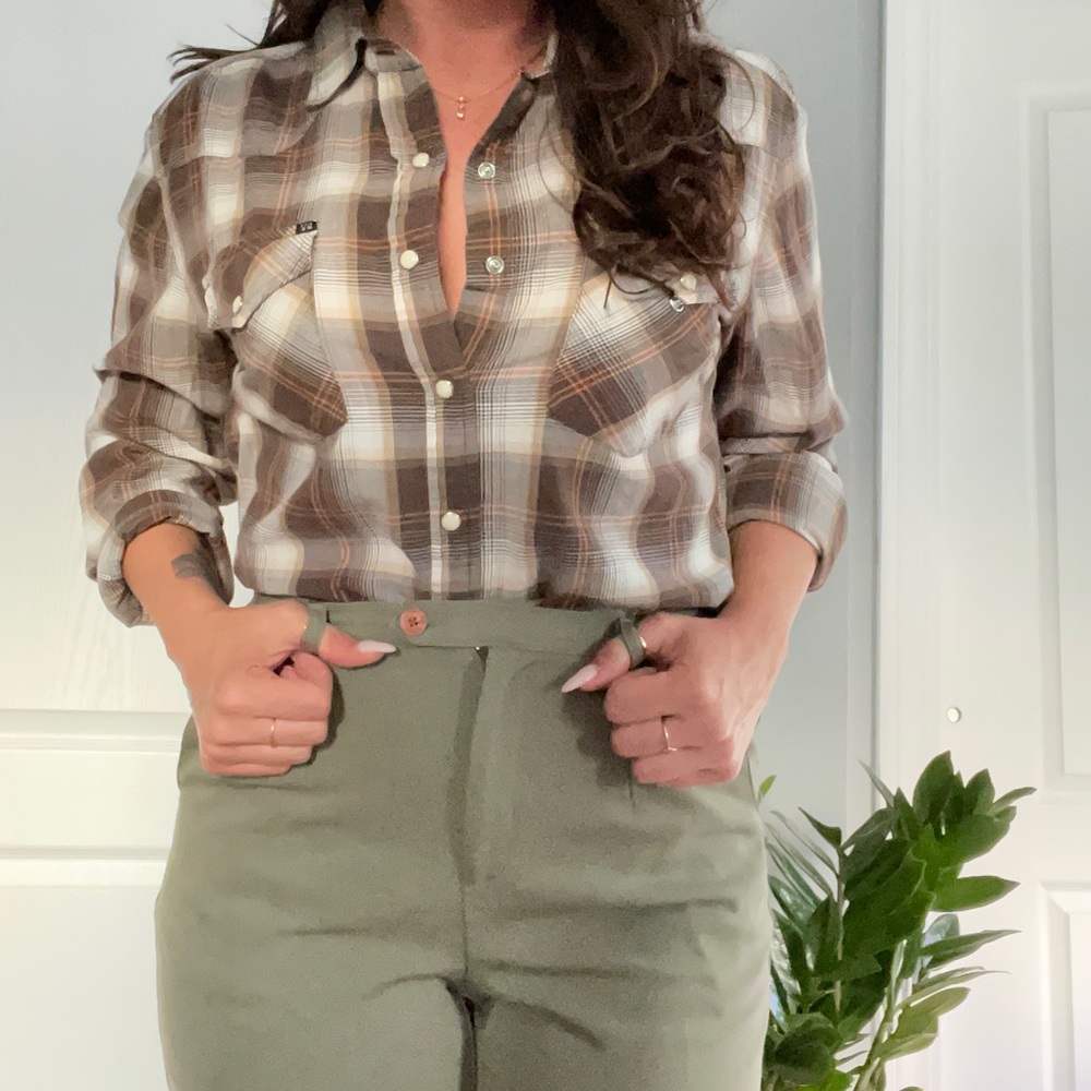 Vintage Plaid Long Sleeve Button Down Brown Top